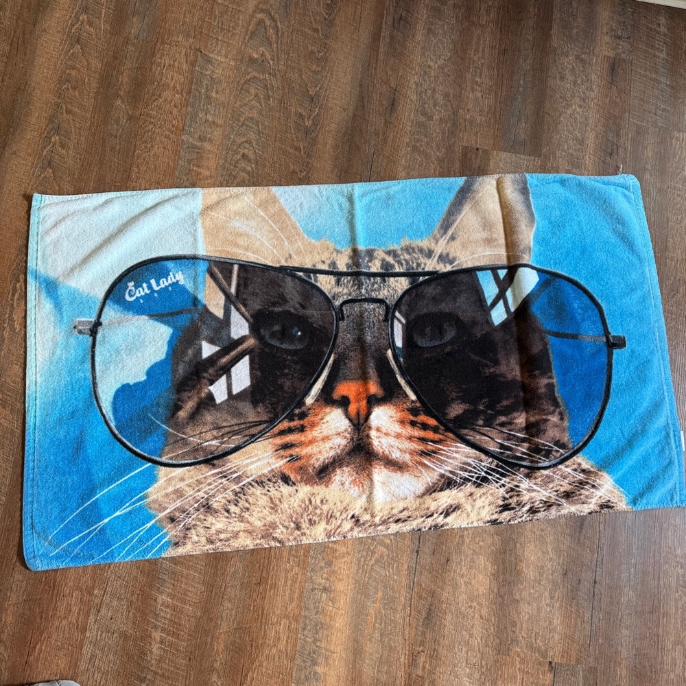 Large Cat beach towel Cat wearing sunglasses 100% cotton Crazy Cat Lady